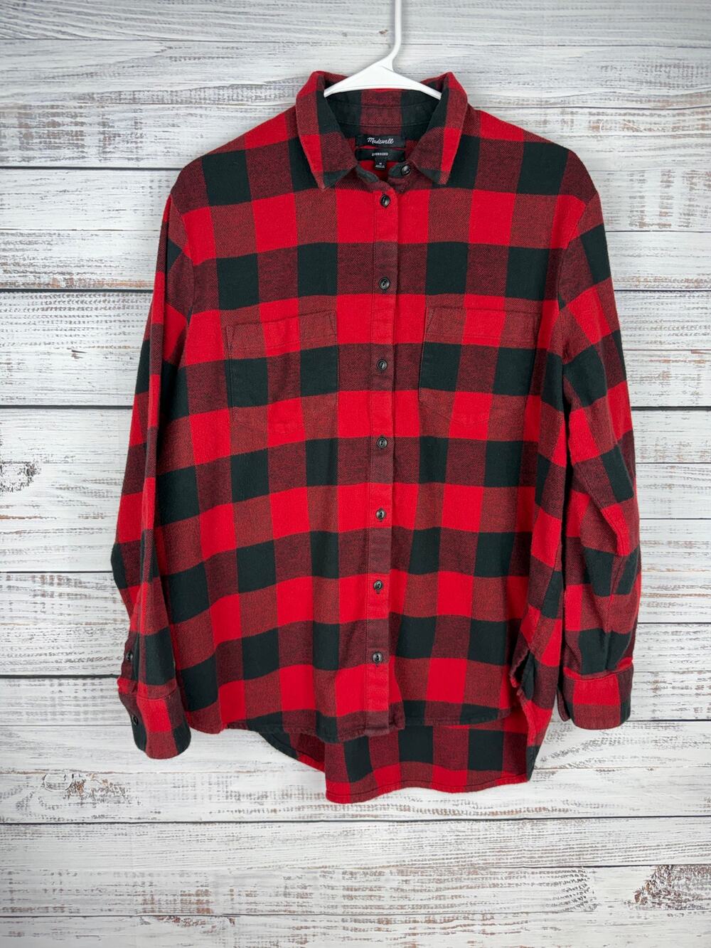 Madewell Red Black Plaid Oversized Ex Boyfriend Flannel Shirt Medium Buffalo